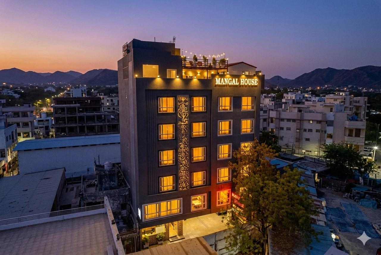 Hotel facade at dusk