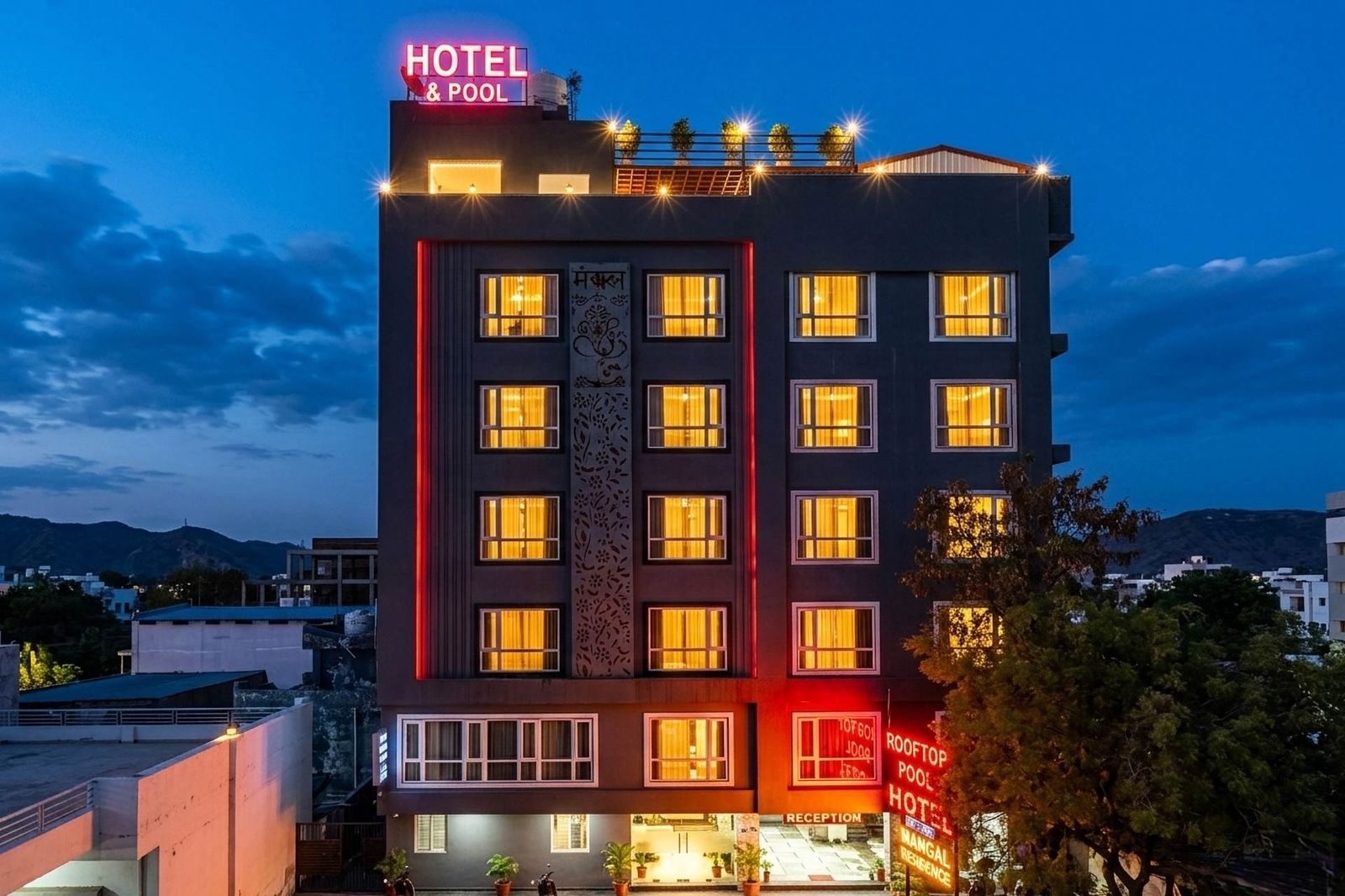 Boutique hotel lit up at night